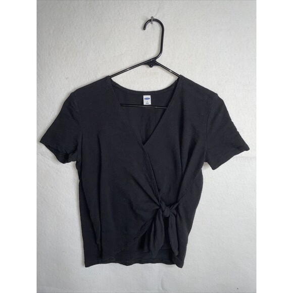Gap Black Cotton  Wrap-Front Short Sleeve Top Shirt Sz Small - Picture 1 of 7